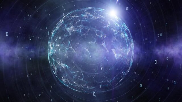 Futuristic glowing sphere composed of digital network lines, surrounded by spiraling binary digits in a cosmic space environment. The rotating structure suggests data flow, global connectivity. 