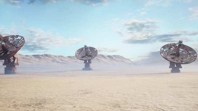 desert landscape satellite dishes on horizon, rusty parabolic arrays rising from flat sand, pale blue sky with drifting clouds, distant mountain range and thin