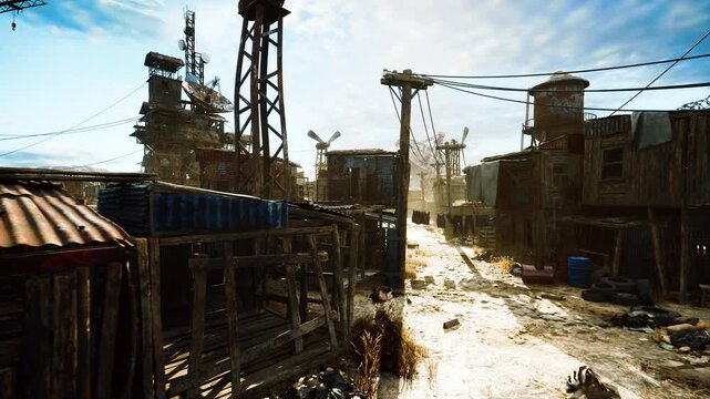sunlit dusty slum street, rusted shacks, cranes and wires puddles and mud glinting in golden light, corrugated metal facades, stacked containers and barrels,