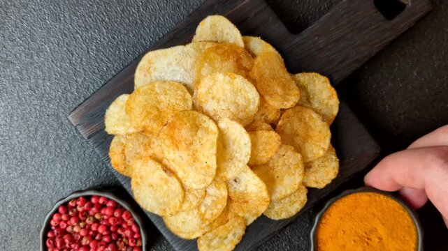 Crispy potato chips, golden slices seasoned with salt and spices. Potato chips as a food background for your design