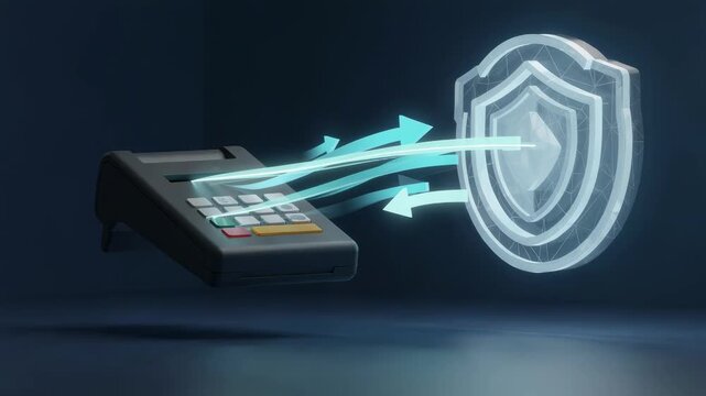Medium shot of a digital payment terminal icon with a highlighted flow of approval response lines moving towards a secure issuer emblem background deliberately soft.