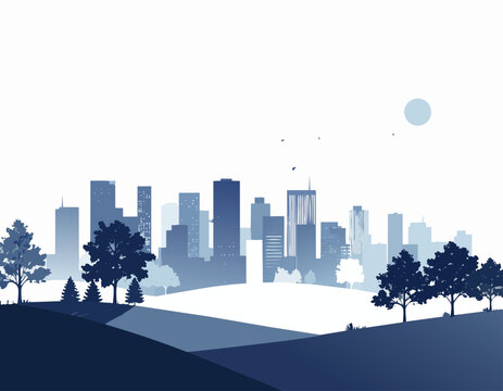  Paisaje urbano minimalista con silueta de rascacielos, &aacute;rboles y colinas en tonos azules, creando una escena moderna y tranquila.
