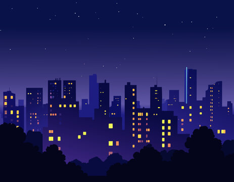  Escena nocturna de ciudad con edificios en sombra y ventanas encendidas creando contraste sobre fondo azul oscuro.
