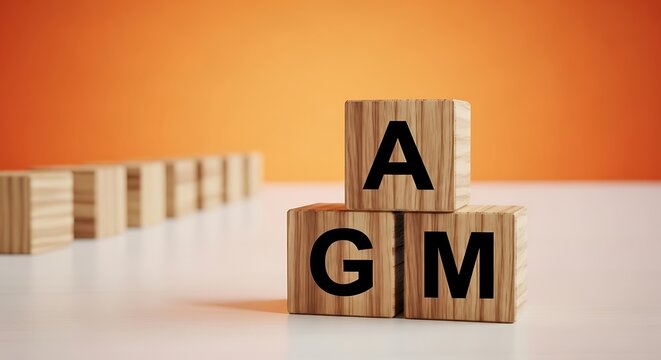 Agm letters on wooden cubes representing annual general meeting concept for business shareholders