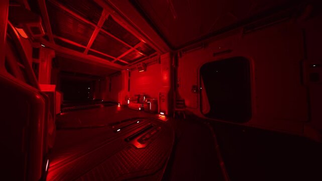 red emergency lit cargo bay interior, haunting lowlight corridor with metal bulkheads, floor rails, vents and glowing control panels atmosphere of isolation