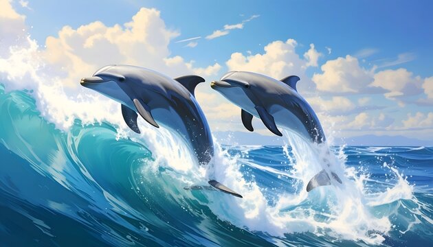 Dolphins Jumping Over Wave