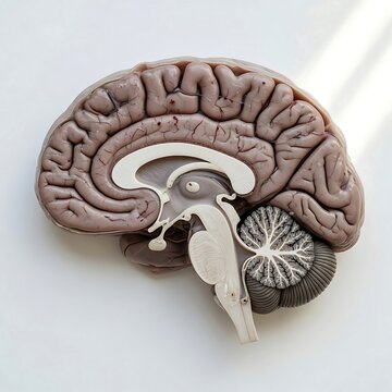 Detailed sagittal cross-section of human brain model revealing internal structures such as cerebrum cerebellum brainstem and their intricate connections.