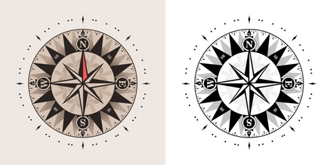 Wind Rose Compass Navigation design template. Pastel old color. Vector vintage wind rose symbol. Compass icon close up, isolated on white background. Colored and black and white elements. © Anatoliy