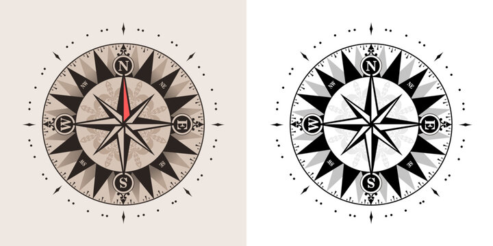 Wind Rose Compass Navigation design template. Pastel old color. Vector vintage wind rose symbol. Compass icon close up, isolated on white background. Colored and black and white elements.