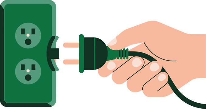 Power plug socket illustration, hand connecting electrical plug to wall outlet for energy usage, safety awareness, and electricity concept.