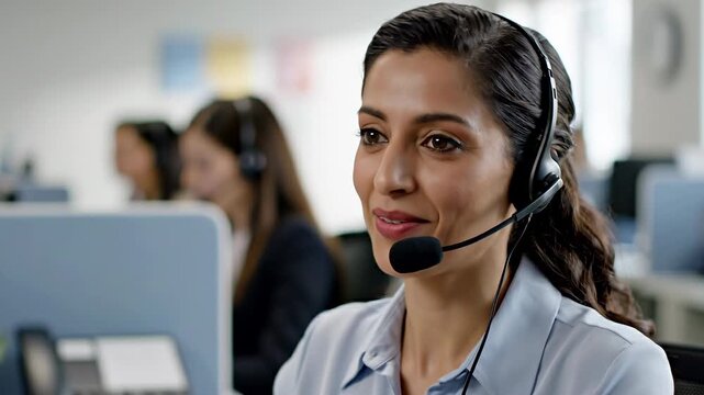 Smiling customer service agent wearing headset in modern office call center, working on computer while assisting clients, support staff for sales, help desk, and remote communication