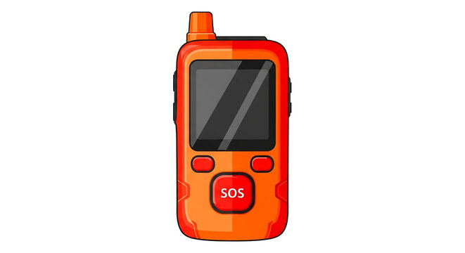 A vibrant orange SOS device with a screen and buttons on a white background