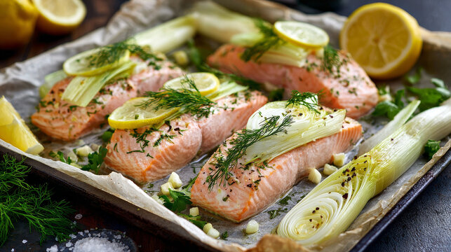 Oven baked salmon fillet parcel garnished with fresh herbs and sliced leek
