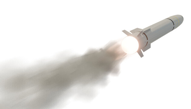A 3D image of a missile heading toward a target. The background is transparent so that the target can be filled in.