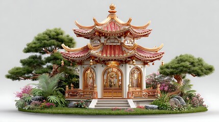 Fototapeta premium Elegant oriental temple pavilion with landscaped garden high resolution picture
