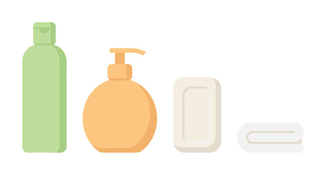 Vector illustration set of bathroom hygiene items. Includes shampoo, liquid soap, bar soap, and towel. Minimalist flat design for web, spa or beauty concepts.
