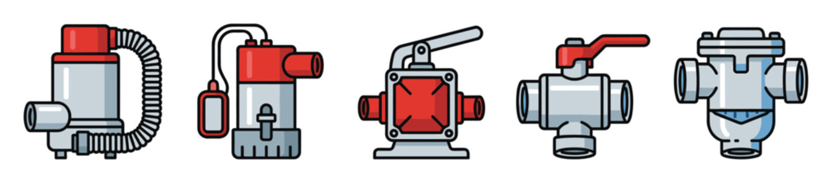 Vector icon set of water pumps and plumbing valves. Includes submersible pump, ball valve, and filter. Ideal for plumbing services or technical illustrations.
