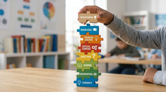 Learning and Skill Development Concept with Puzzle Pieces Stacking for Knowledge Growth