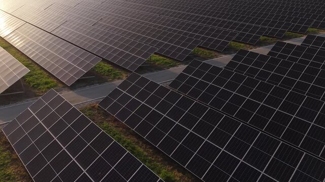 Aerial Drone View of Photovoltaic Solar Farm Green Energy at Sunset
