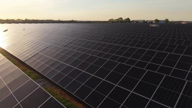Renewable Energy Solar Panels Drone Footage Power Plant at Evening