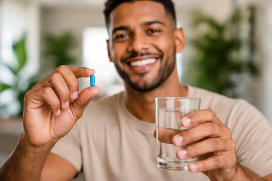  Homem brasileiro sorridente segurando uma p&iacute;lula azul e um copo de &aacute;gua, conceito de sa&uacute;de masculina e bem-estar