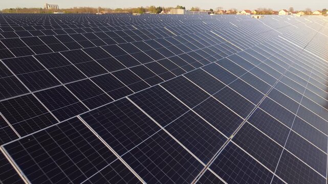 Aerial View of Solar Farm Generating Clean Electricity at Golden Hour