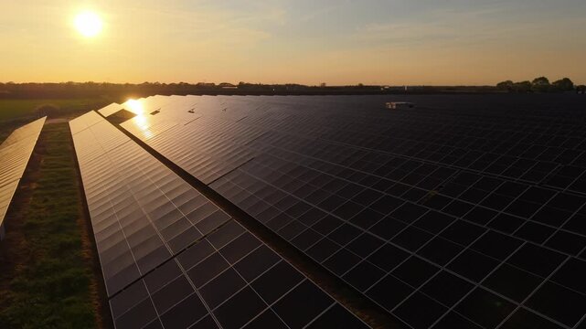 Drone Shot of Solar Farm Infrastructure at Sunset Green Energy Production