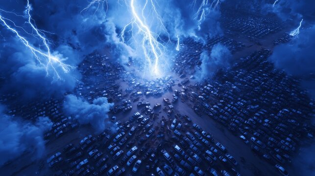 Massive scrapyard struck by intense lightning, creating a dramatic vision of industrial waste, energy overload, and environmental catastrophe.