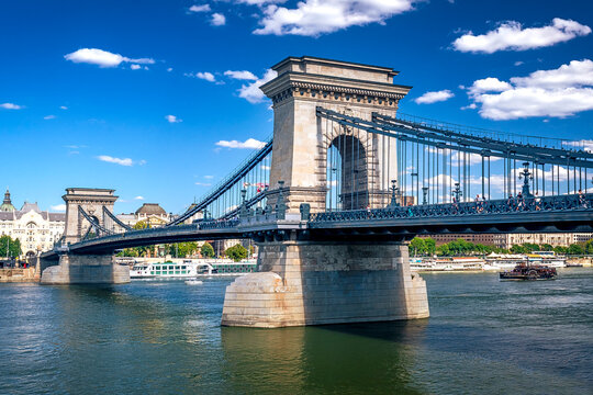 Famous Sz&eacute;chenyi Chain Bridge over Danube river in Budapest in Hungary