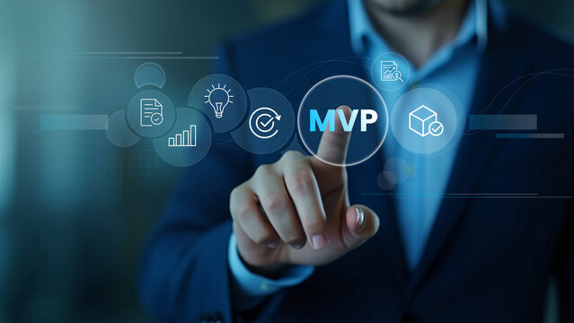 Businessman touching a digital interface representing the MVP minimum viable product concept with business development icons surrounding the MVP circle