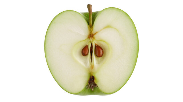 Half of green apple with seeds isolated on transparent background