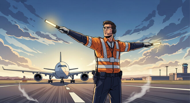 Airport Ground Marshaller Directing Aircraft With Batons.