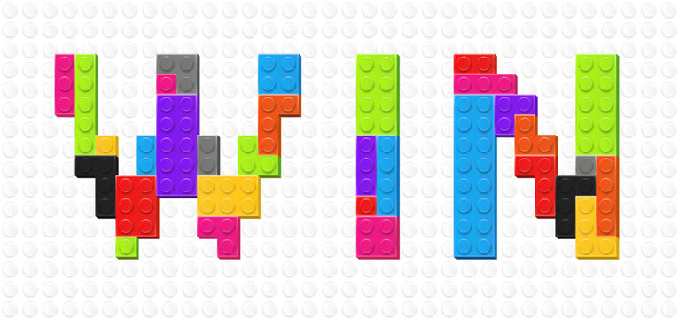 WIN inscription made with colored plastik constructor parts on white constructor plate background. Play and build concept. Vector illustration
