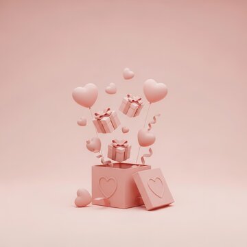 Pink heart balloons and gift boxes floating out of an open box present