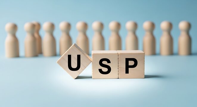 Wooden blocks spelling usp with wooden peg figures in the background