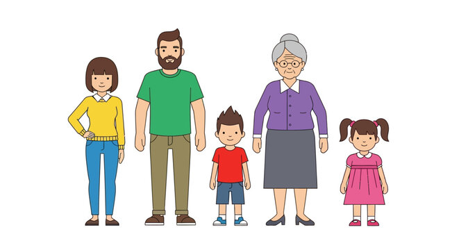 Multi-Generation Family Portrait Cartoon Illustration, Grandparents Parents and Child Standing Together