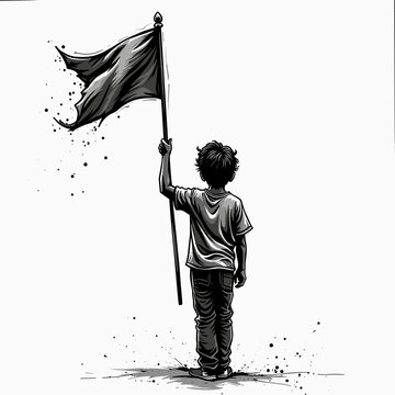 A high-contrast monochrome illustration shows the back view of a young boy holding a large, tattered flag on a tall pole. This evocative scene symbolizes hope, resilience, and patriotism.