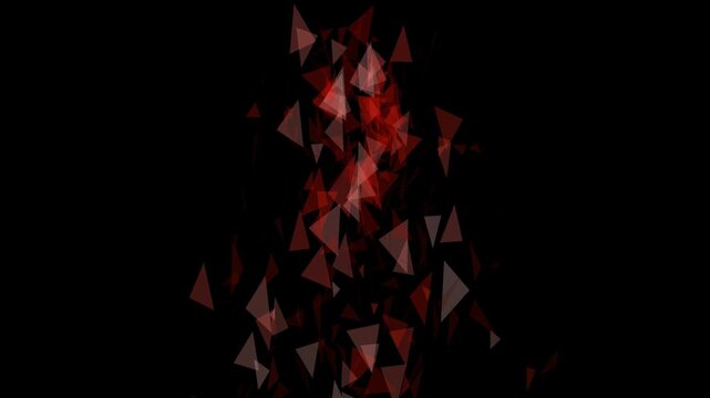 Abstract composition of floating red geometric triangles forming a chaotic particle cluster on a light background. Modern digital art with dynamic motion, .3d animation abstract 4k background.