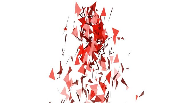 Abstract composition of floating red geometric triangles forming a chaotic particle cluster on a light background. Modern digital art with dynamic motion, .3d animation abstract 4k background.