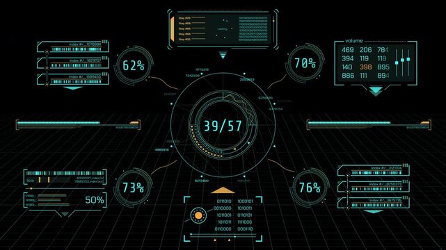 Animated display with infographics of digital data processing