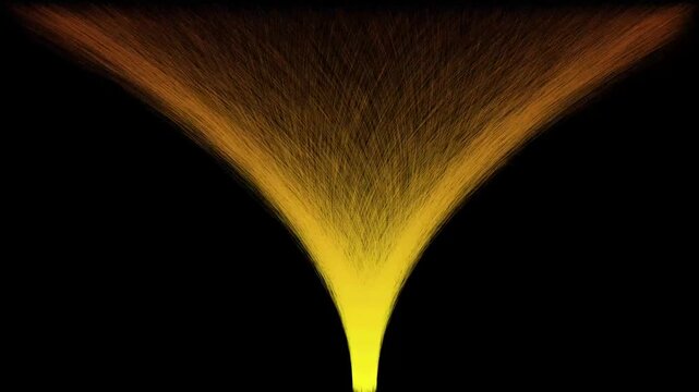 Abstract storm-like flow of glowing yellow-orange particles forming a dynamic funnel shape on a black background. Energetic motion lines create a sense of turbulence, movement.