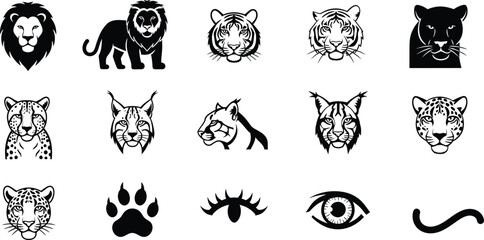 Fototapeta premium Collection of wild animal face icons in flat vector style for design projects 