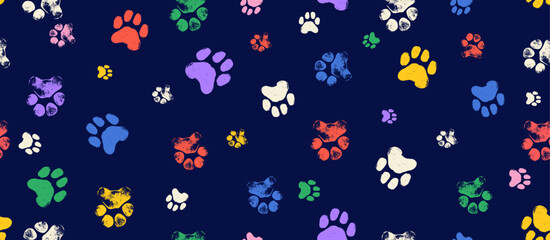 Obraz na płótnie Canvas Colored seamless pattern of footstep cat paws, cat, dog foot, animal. Animal step texture. Bear, panda, tiger grunge stamp repeat foot track wallpaper. Cartoon monochrome paw print seamless pattern.