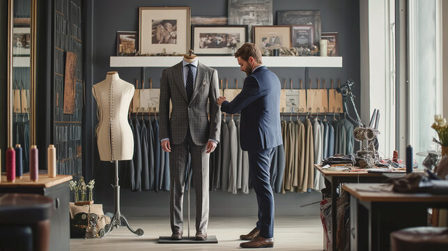 Tailor adjusting suit on client with pins in atelier, bespoke tailoring and custom fashion fitting process in professional workshop