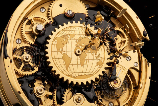 Gold clockwork gears with engraved world map shatter while thick black oil leaks through mechanism. Global systems failure, industrial collapse, resource depletion, environmental crisis.