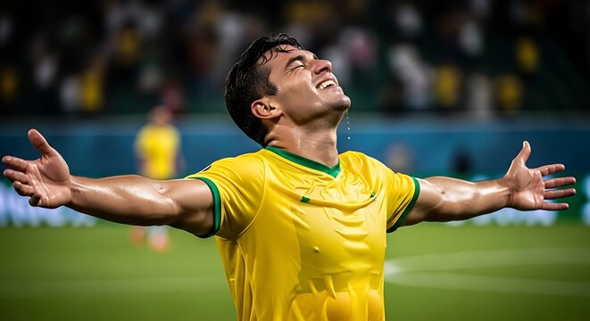 A triumphant soccer player celebrating a goal on the field with arms outstretched . Brazilian Soccer player at on 2026 soccer world championship tournament