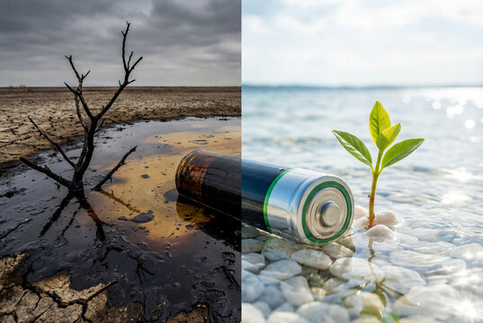 Split composition shows dead tree in oil puddle alongside battery in clean water with green sprout. Energy transition, climate action, environmental restoration, sustainable future.
