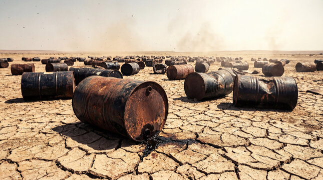 Rusty barrels scattered across cracked dry earth with thick black oil leaking into parched ground. Environmental disaster, climate change, resource depletion.