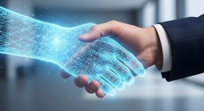 Business handshake with glowing blue network connection, symbolizing partnership, technology, and innovation in a modern office setting, representing digital communication and collaboration.