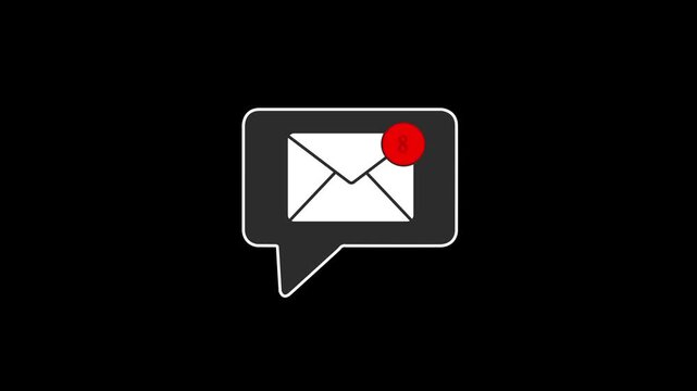 Animated white email envelope icon with a red circular badge showing 8 new messages on black background, digital inbox status and alert animation.
